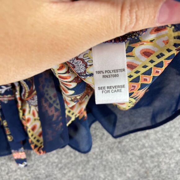 5/$45 Cato Blouse Women S Small Blue Geometric Crew Neck Tasseled Long Sleeve - Picture 7 of 10